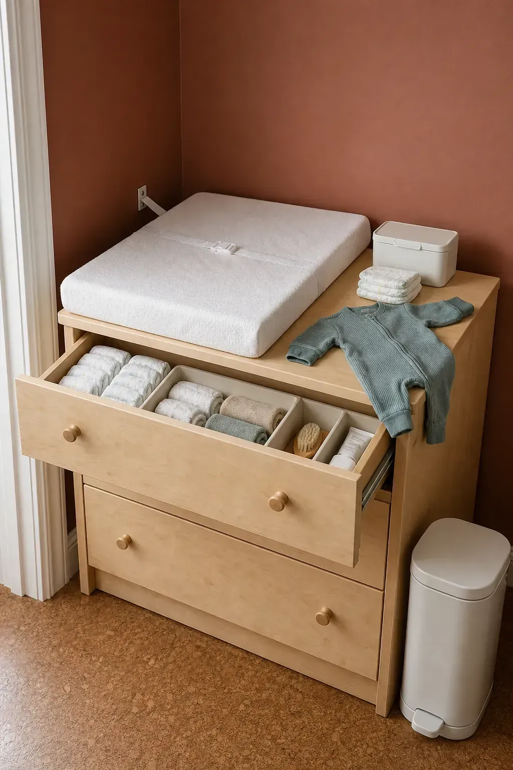 Anchored low dresser used as a compact nursery changing station