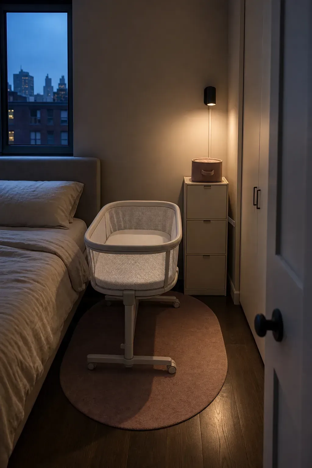 Compact nursery corner arranged safely in a parents bedroom
