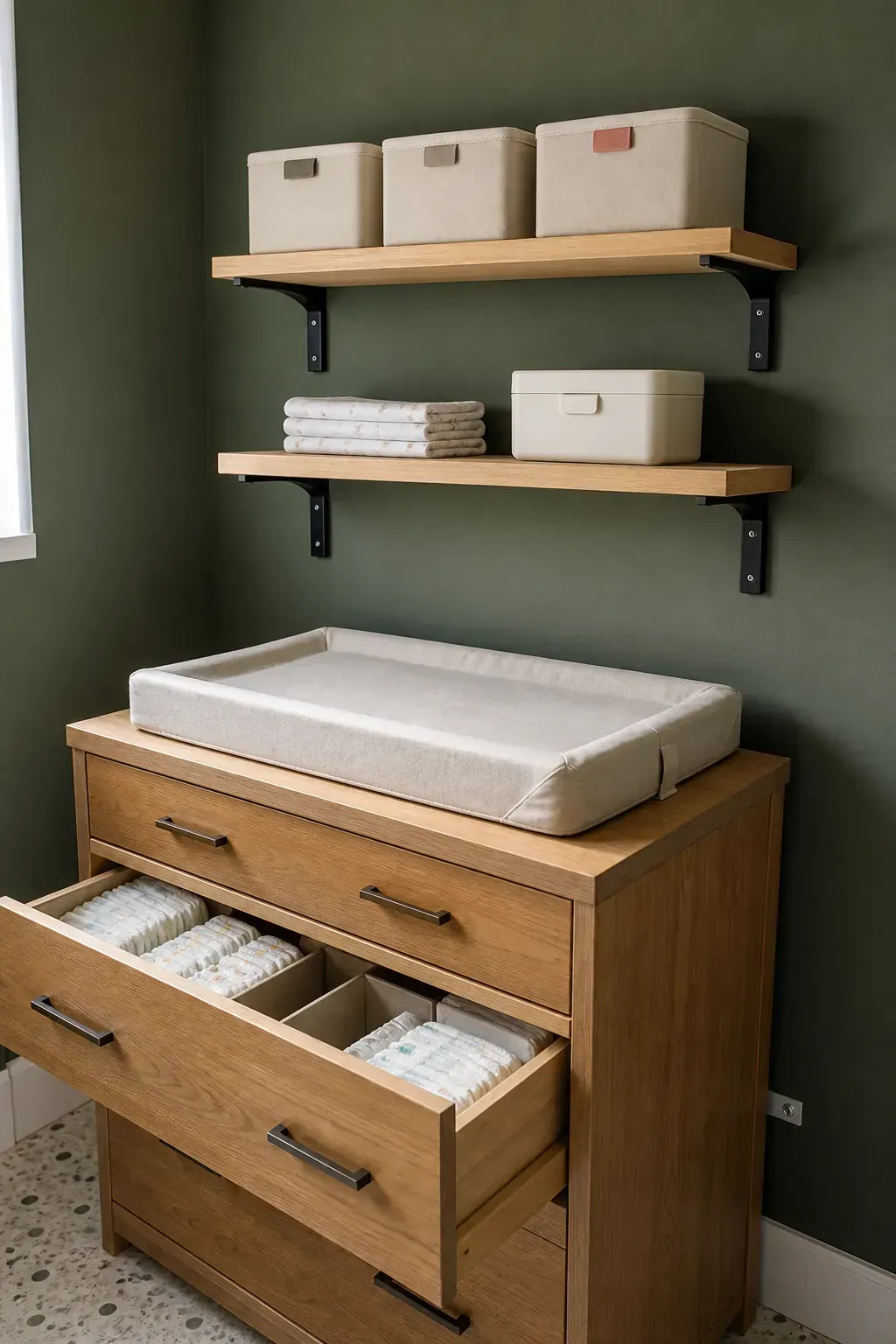 Secure high shelves for adult-reach nursery supplies