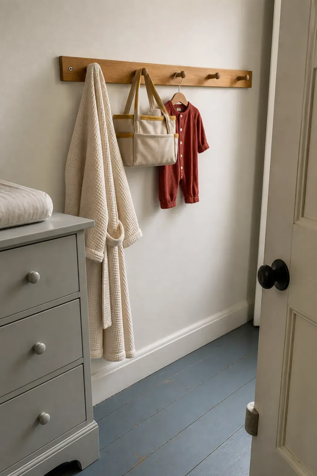 Secure wall peg rail beside a small nursery changing zone