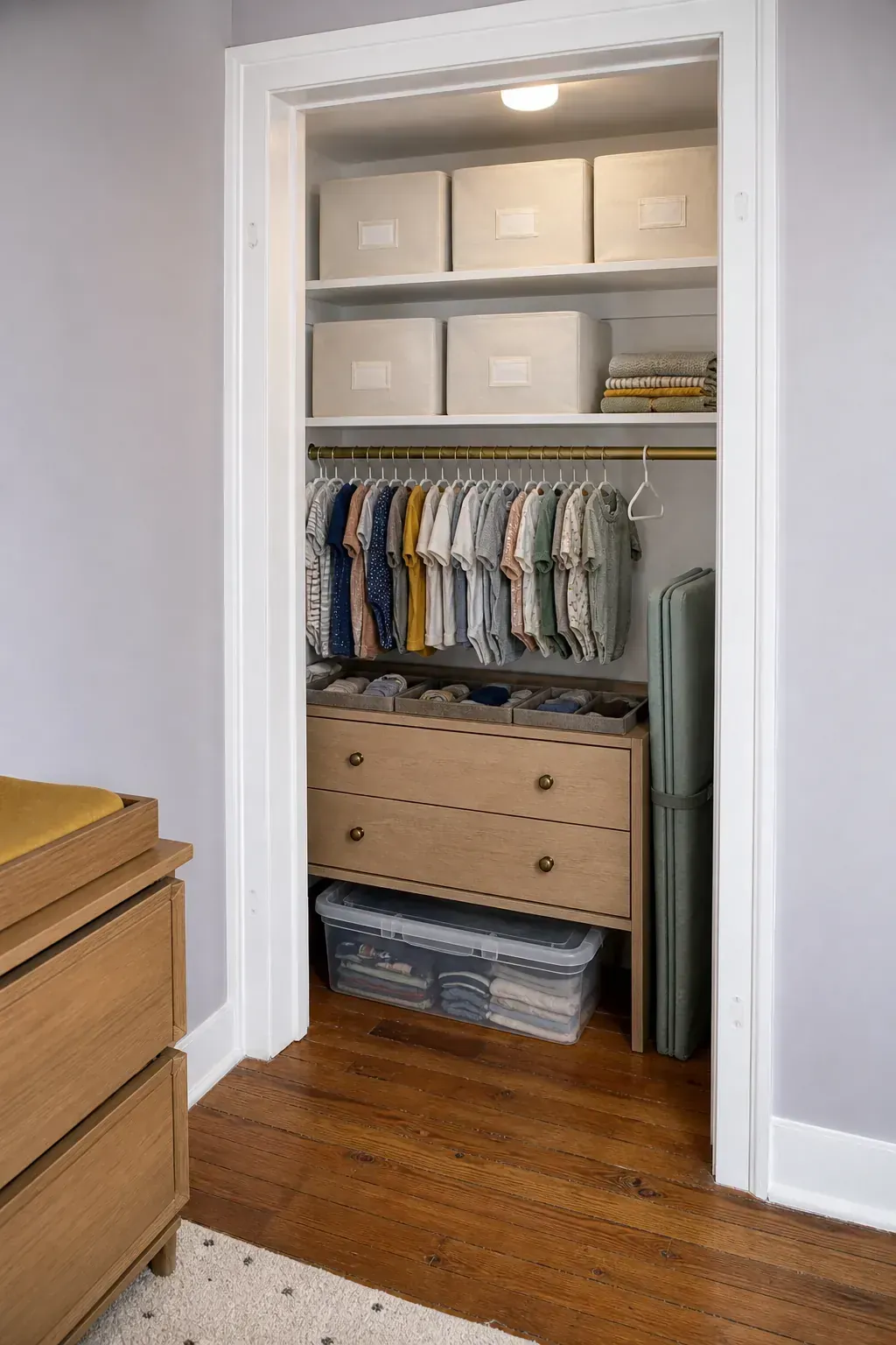 Organized closet storage for a tiny nursery