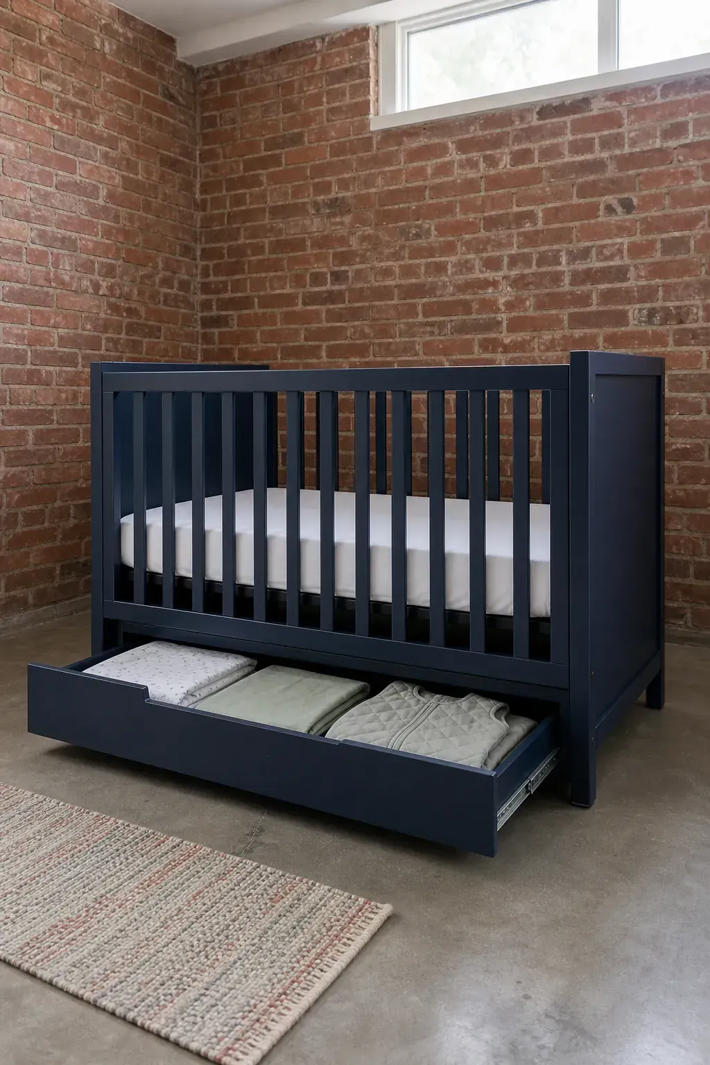Small nursery crib with manufacturer-designed storage drawer