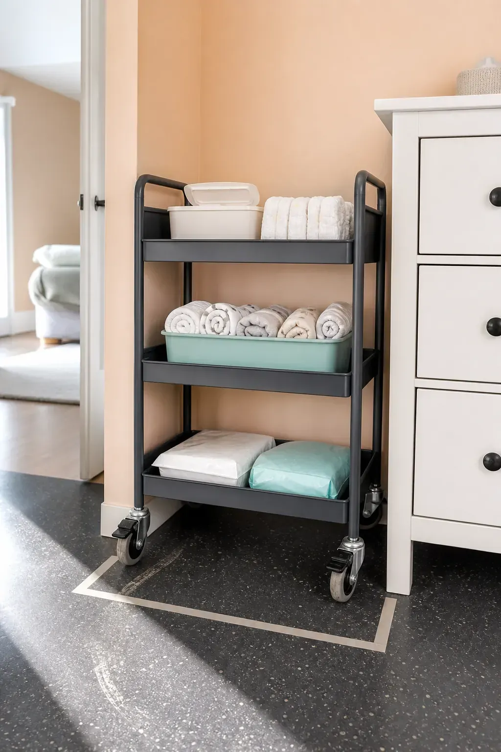 Stable locking supply cart in a small baby room