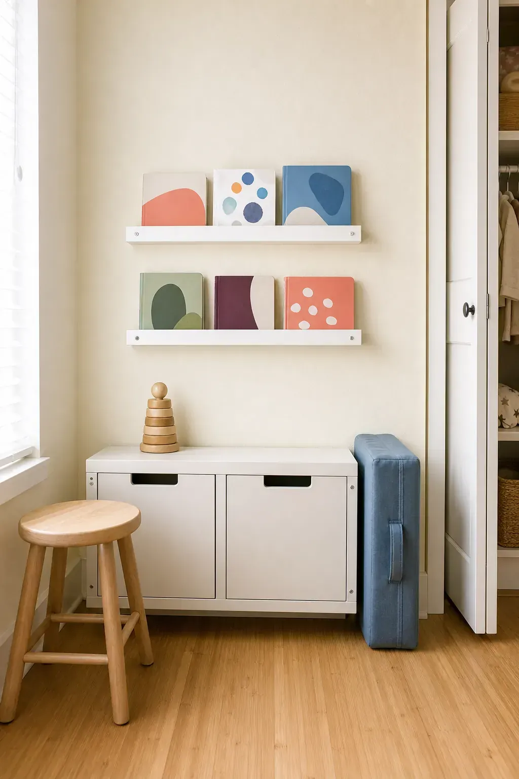 Secure high book ledges in a compact nursery reading zone