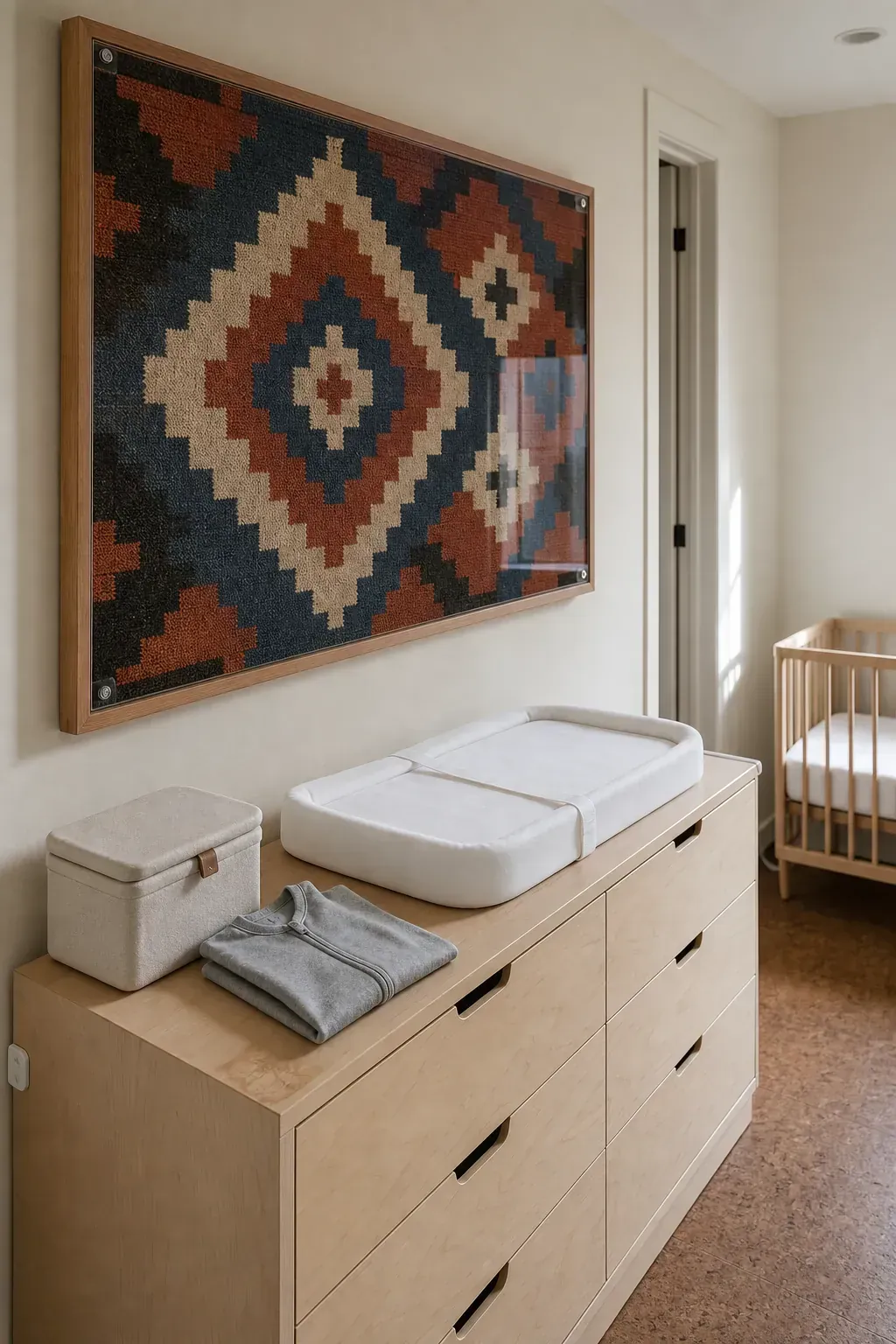 Secure woven textile wall feature in a small unisex nursery