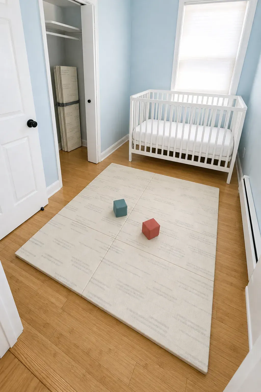 Folding play mat opened in a tiny baby room