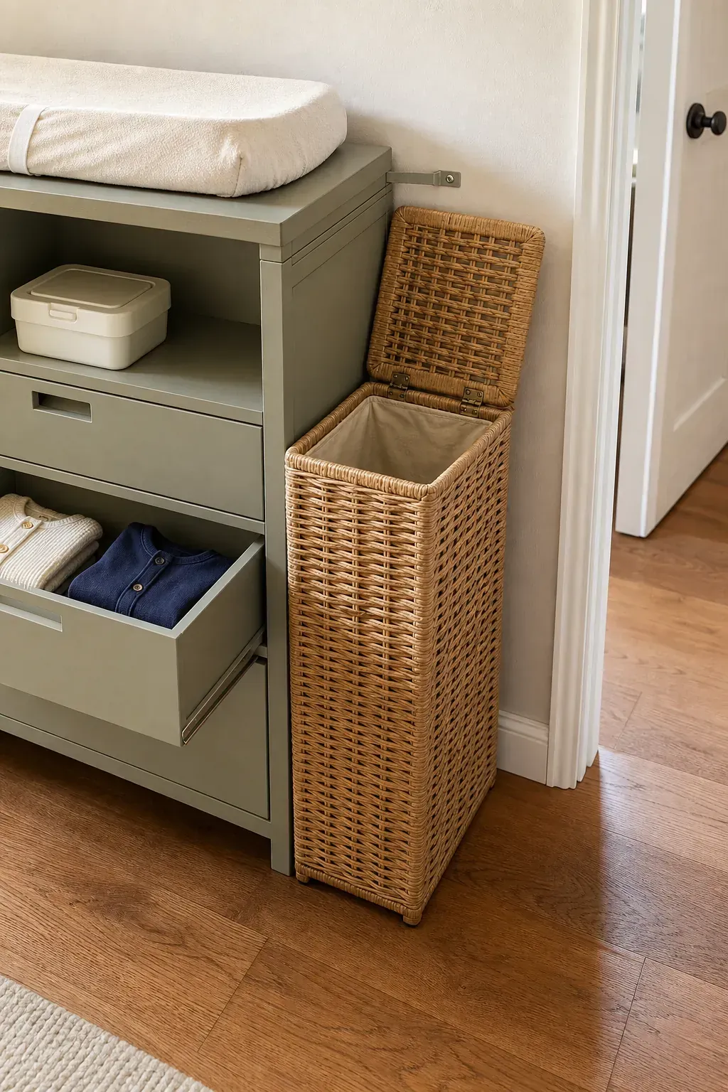 Narrow ventilated hamper beside a nursery dresser