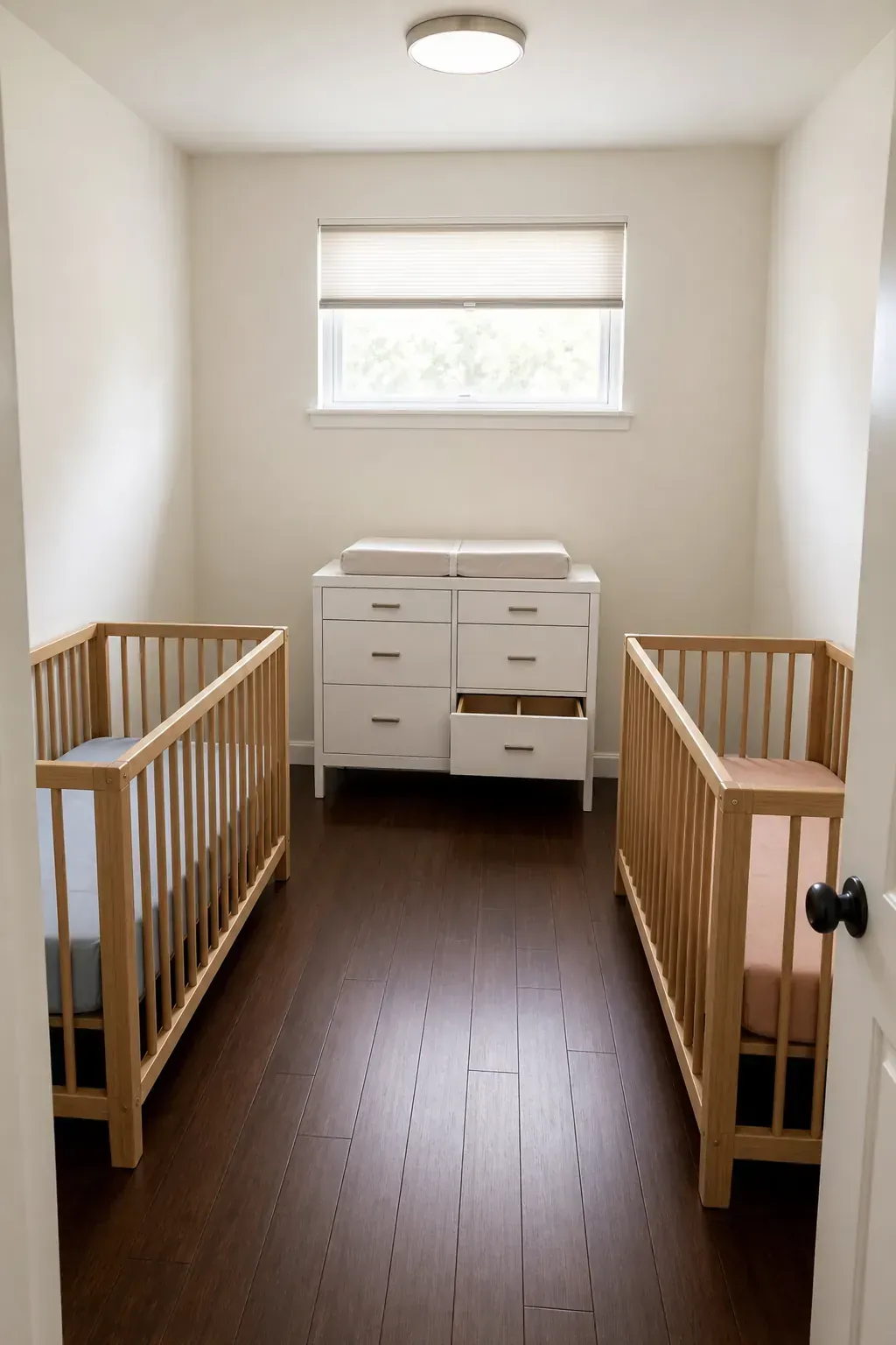 Two-zone shared nursery with separate safe sleep spaces