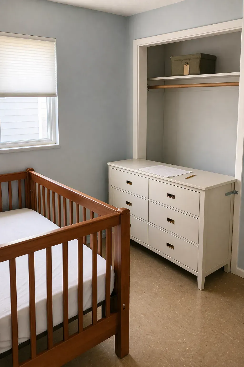 Small nursery furniture arranged for a future toddler transition