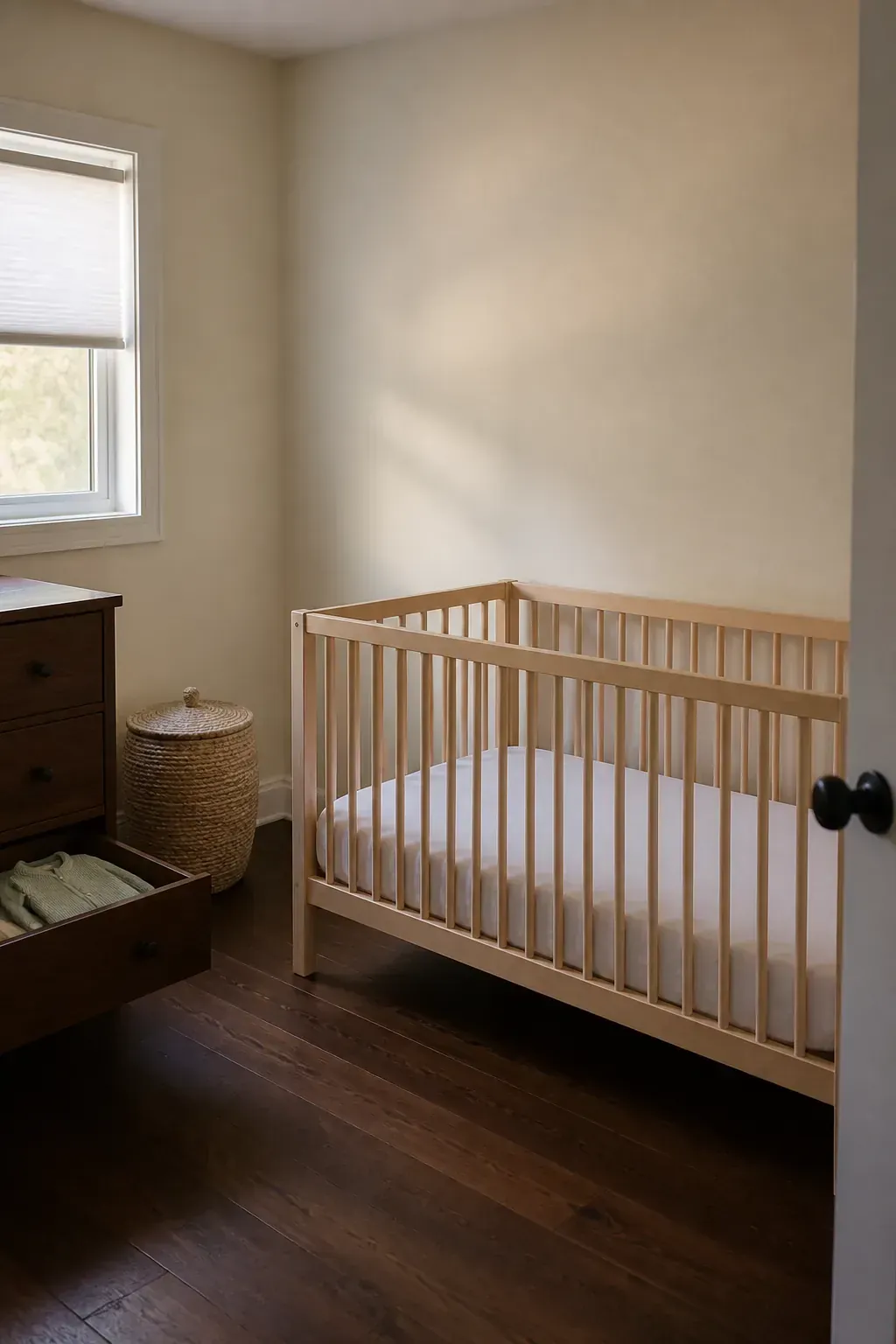 Bare crib and calm uncluttered small nursery