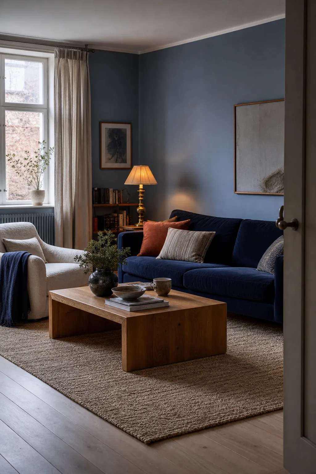 Layered blue themed living room warmed with oak and cream textiles