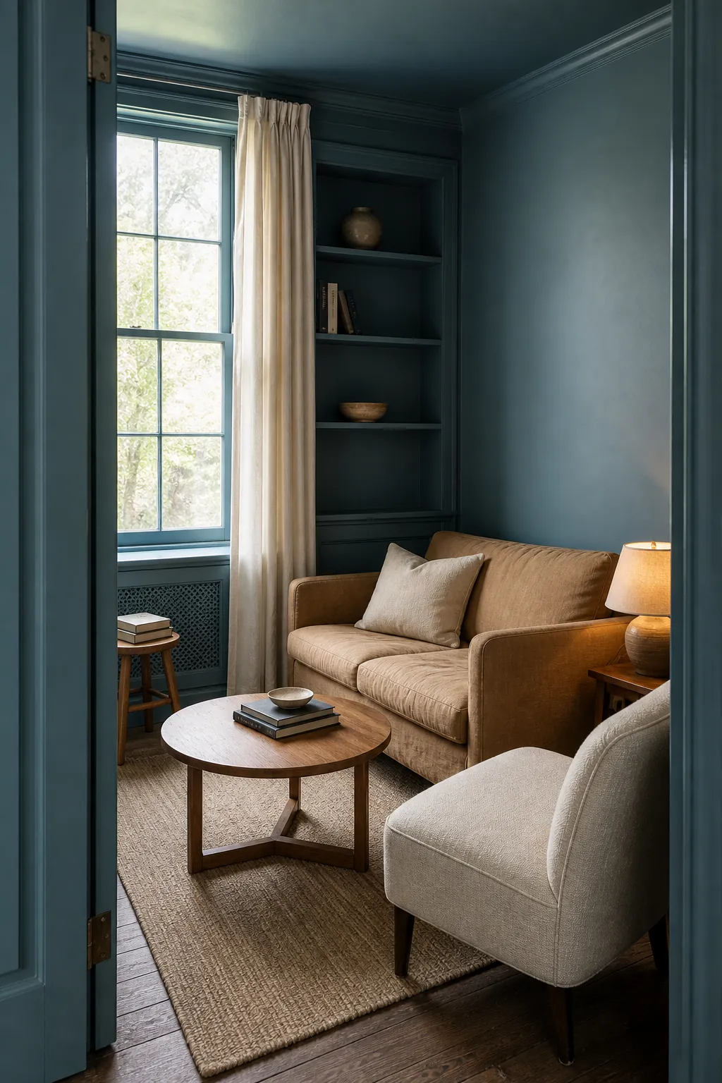 Small living room color drenched in muted teal blue