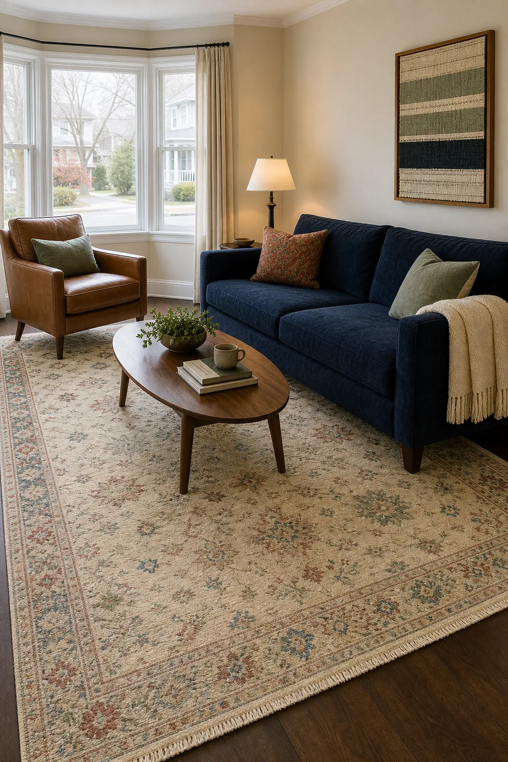 Navy sofa grounded by a light patterned living room rug
