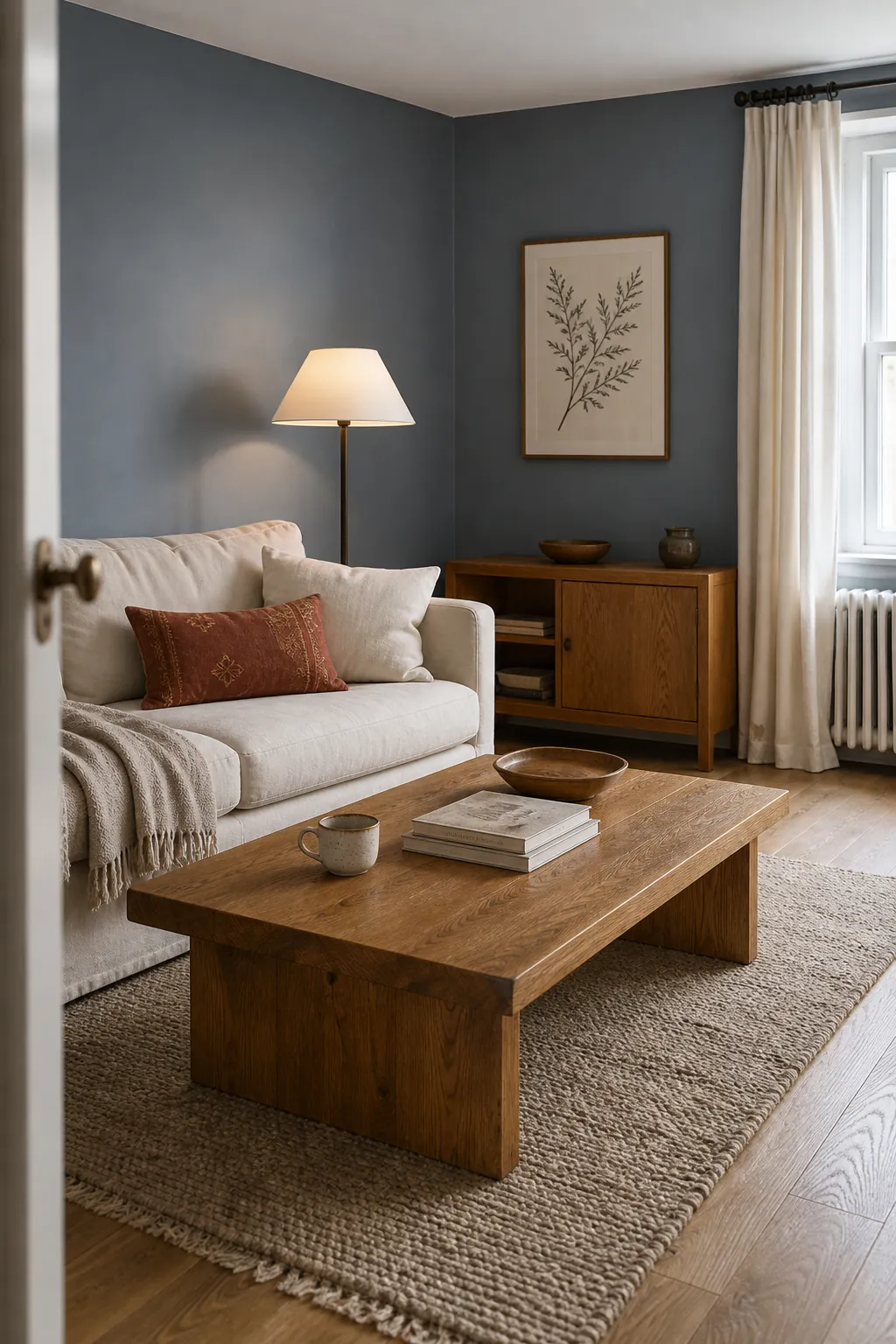 Dusty blue living room with warm oak furniture