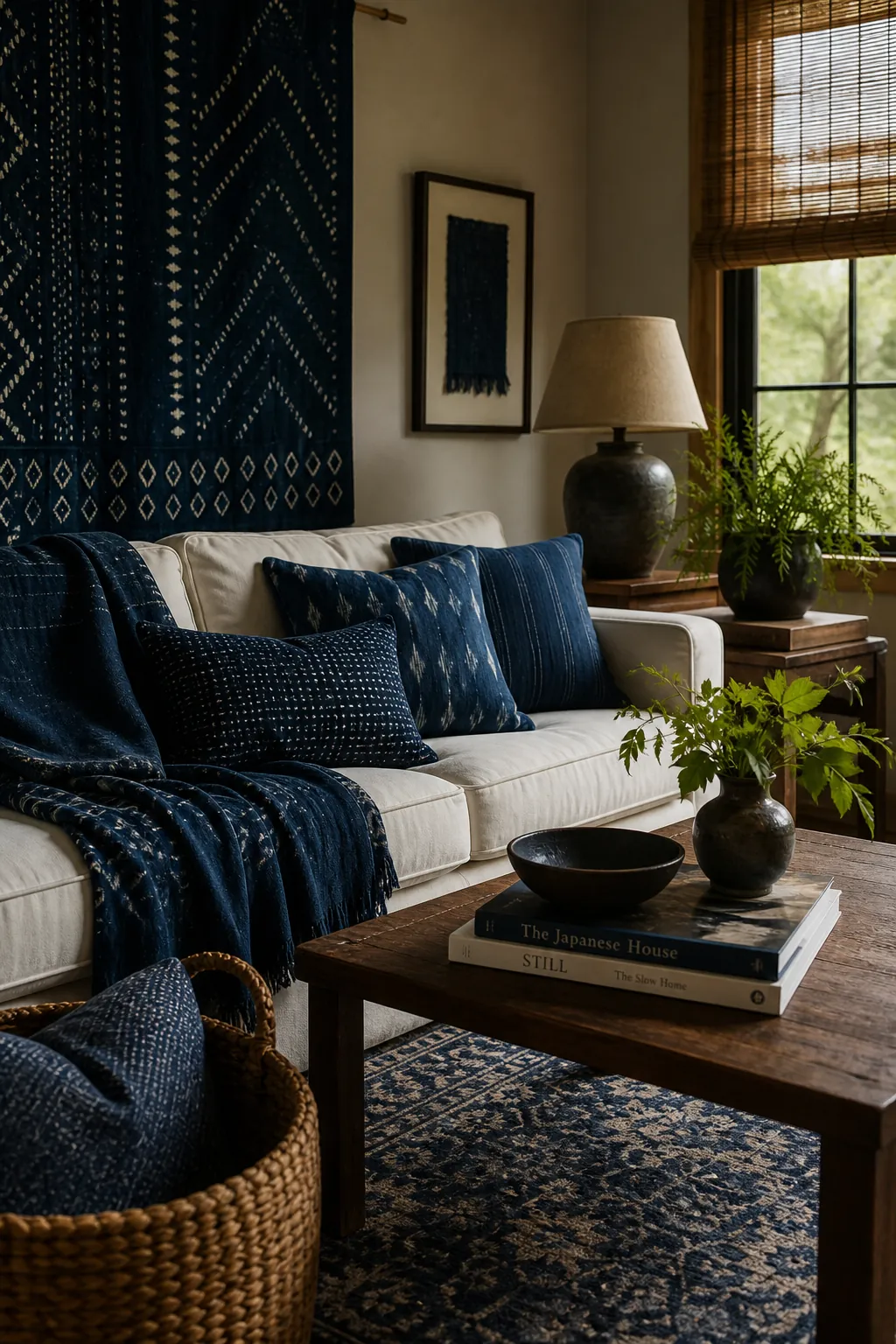 Layered indigo textiles in a relaxed living room