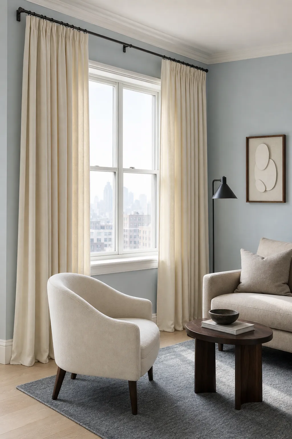 Pale blue living room framed by full cream curtains