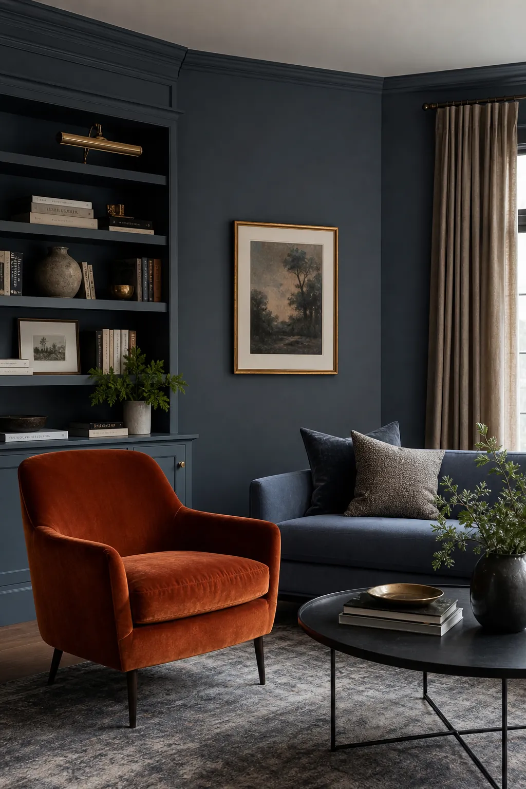 Steel blue living room warmed with rust velvet and brass