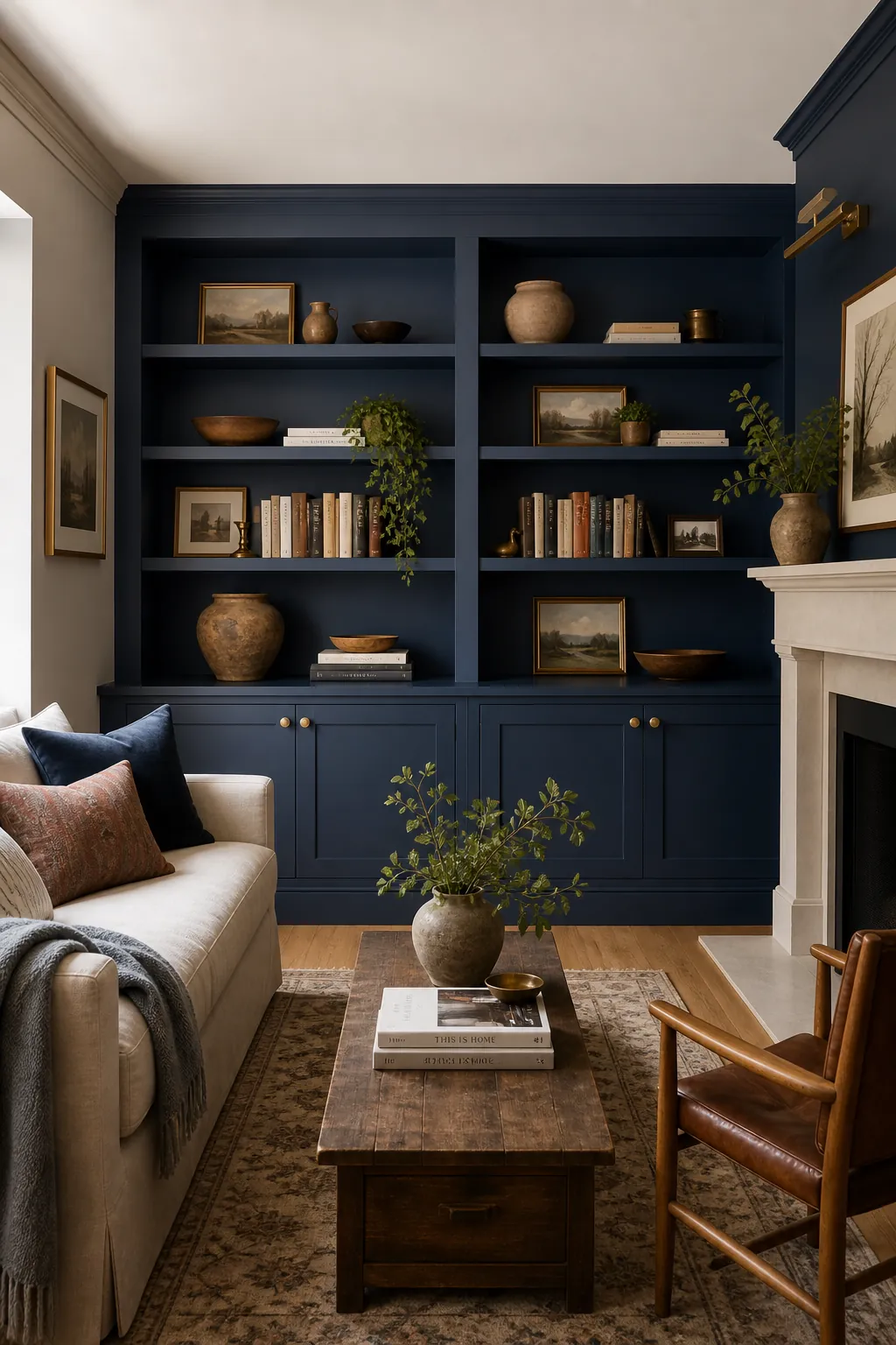 Deep blue built-in shelves anchoring a light living room