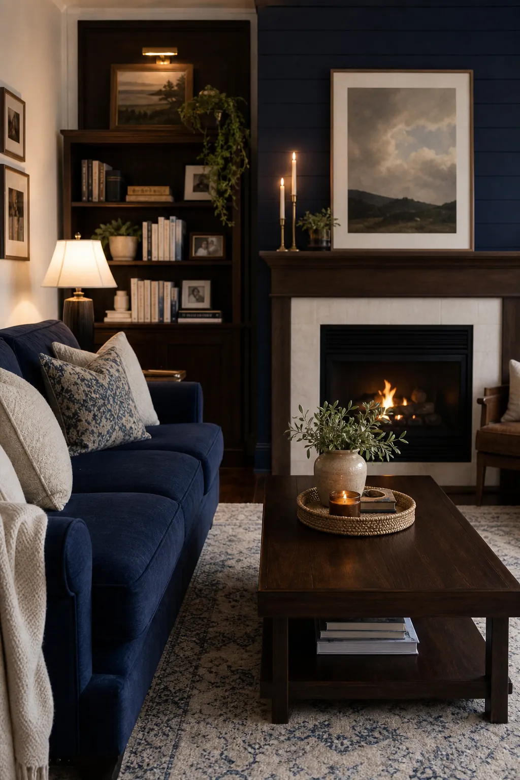 Blue and warm white living room grounded by dark wood