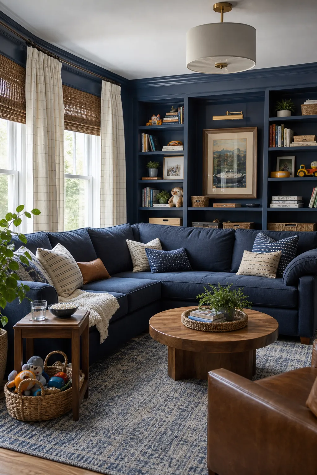 Practical denim blue family room with warm natural storage
