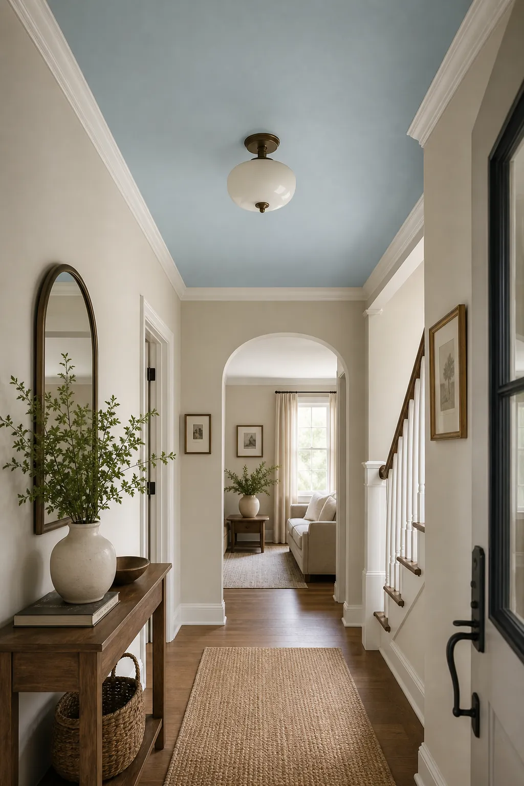 Living room with a quiet sky blue painted ceiling