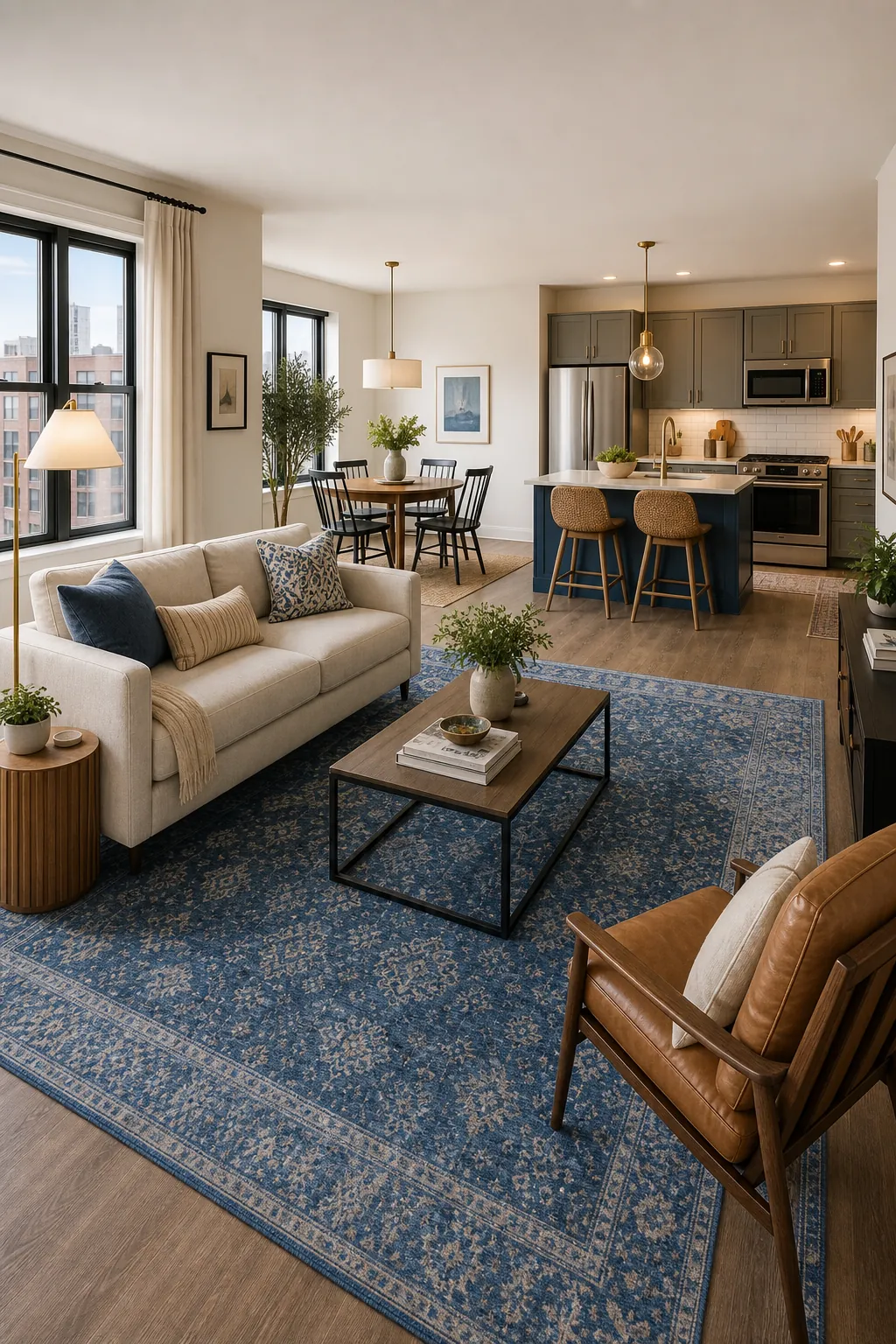 Large blue rug defining an open-plan living room zone