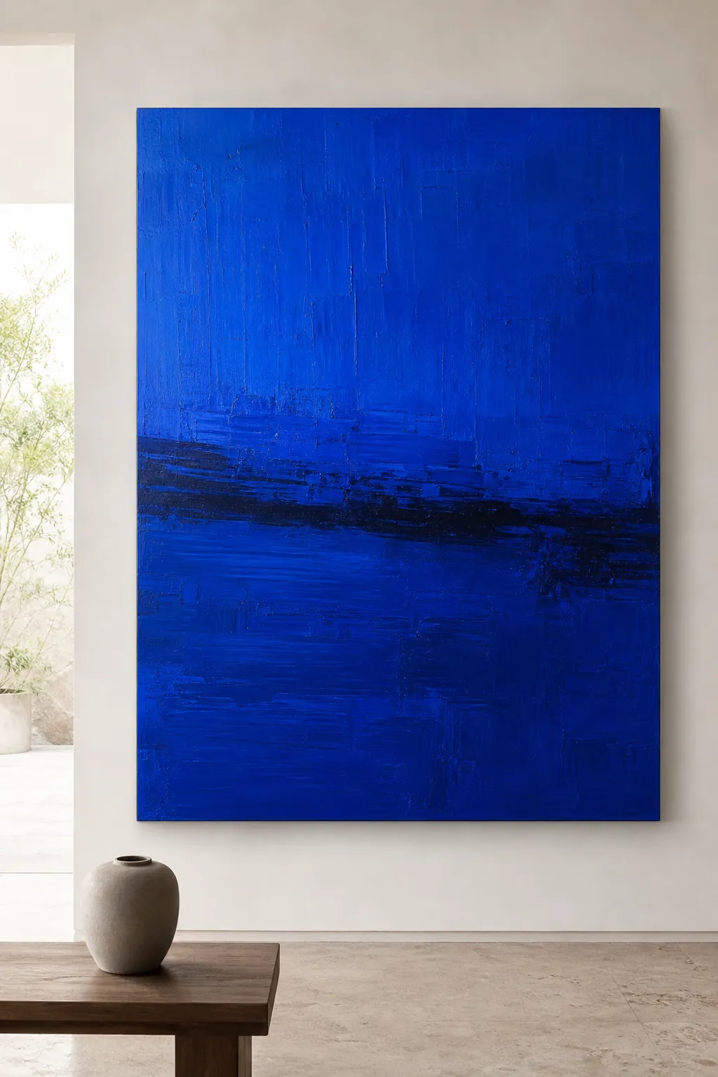Cobalt abstract art above neutral living room upholstery