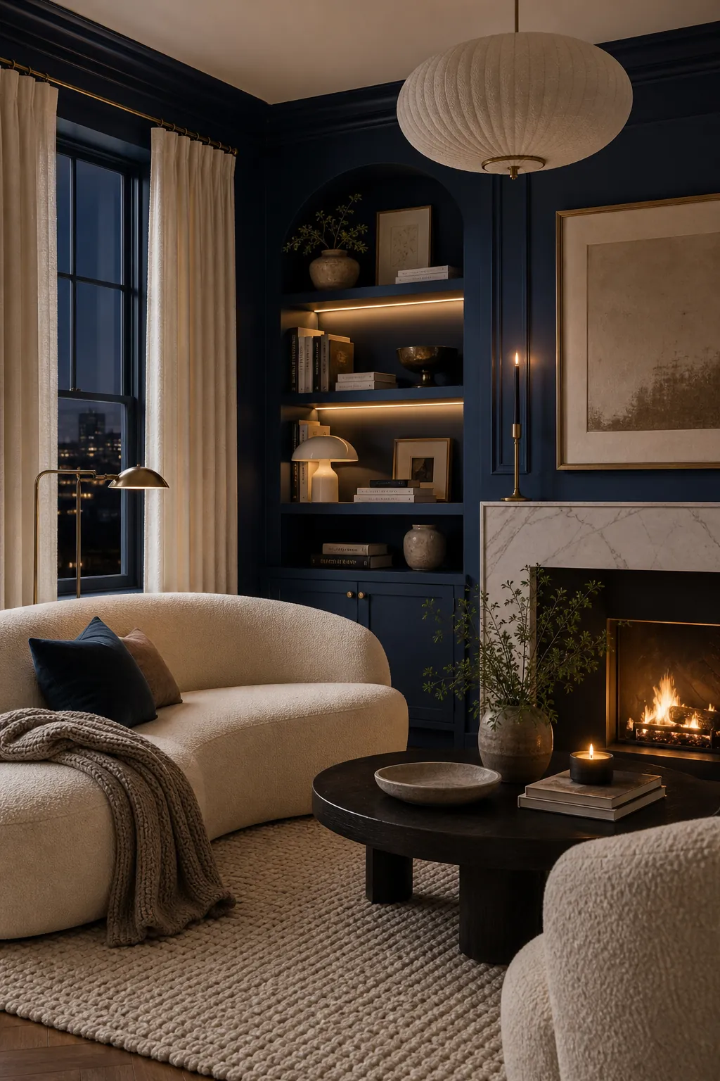 Midnight blue living room softened with cream bouclé and linen