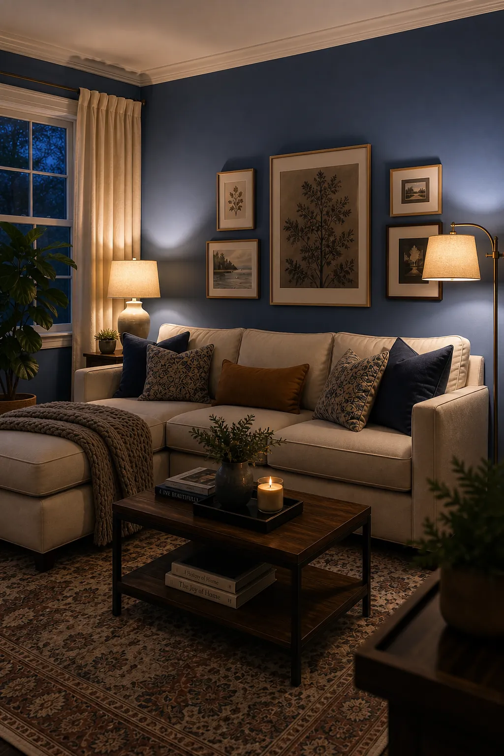 Layered blue living room under warm evening lamps