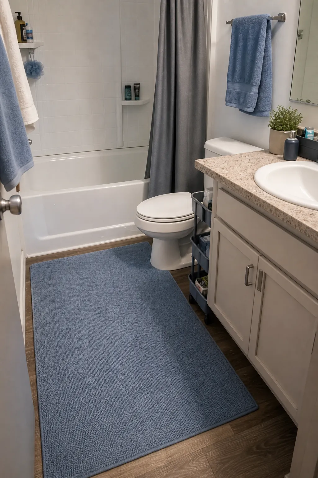 Large washable bath mat in a small college bathroom