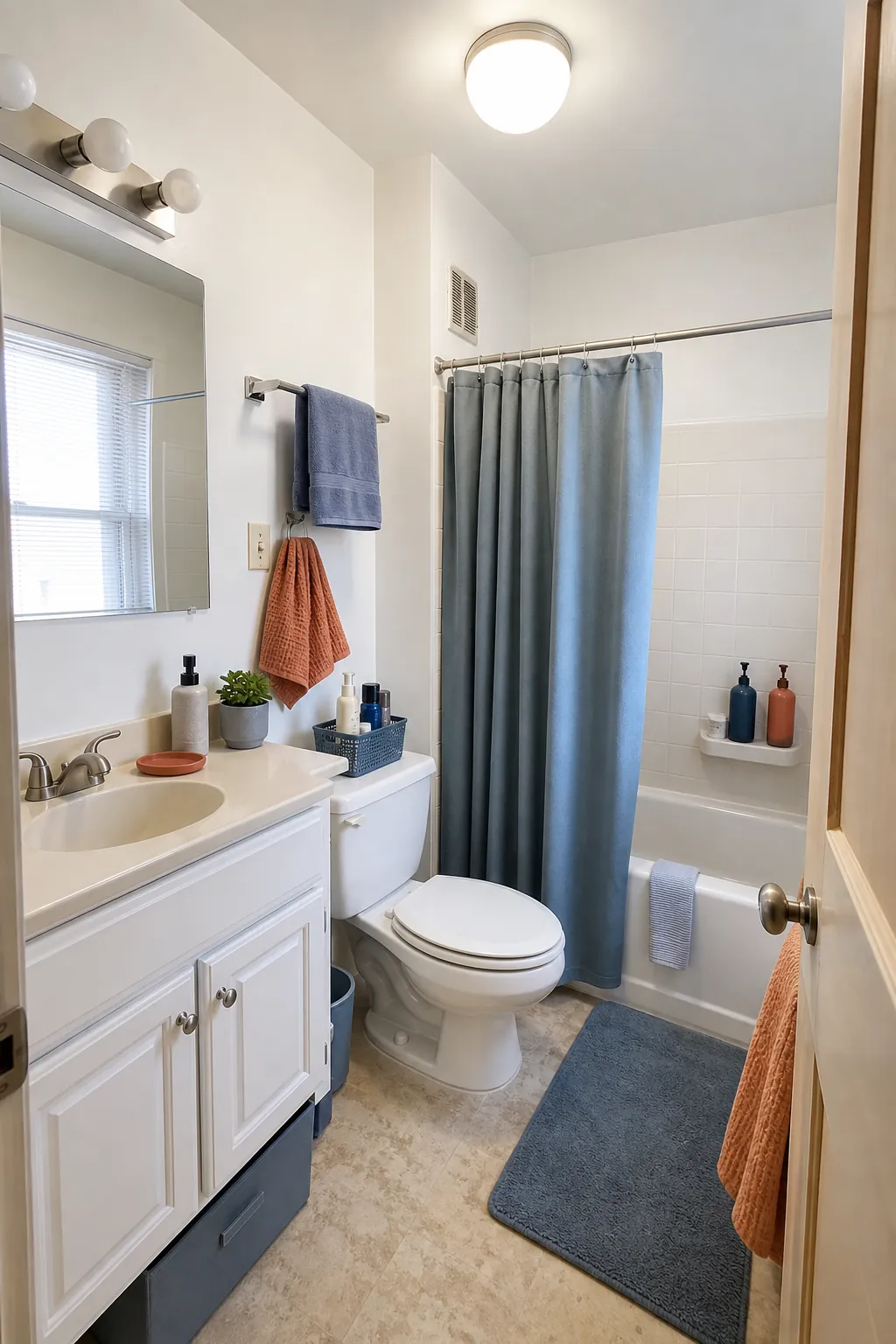 Cohesive three-color college bathroom decor