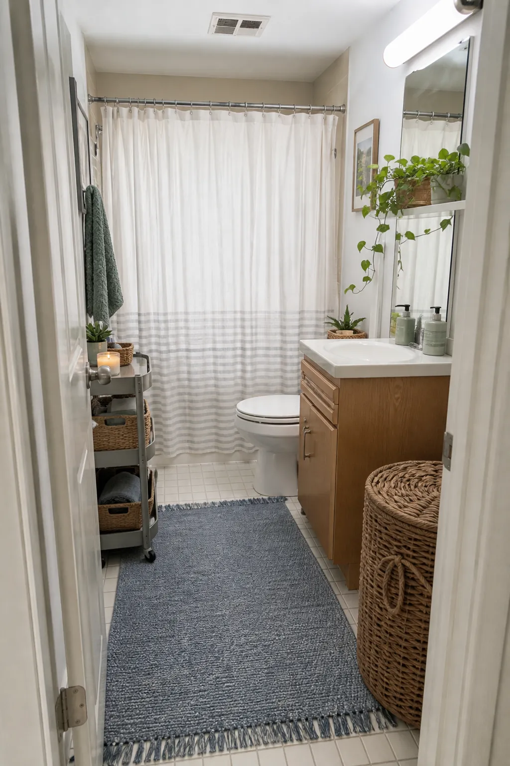 Cohesive college bathroom decor with storage, textiles, and renter-friendly style