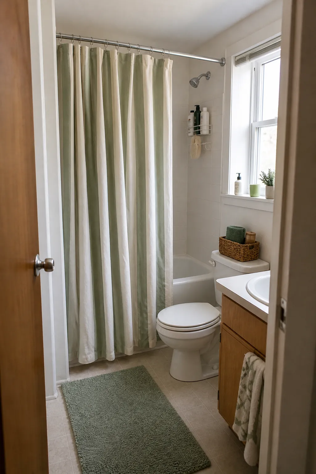 Floor-skimming shower curtain in a college apartment bathroom