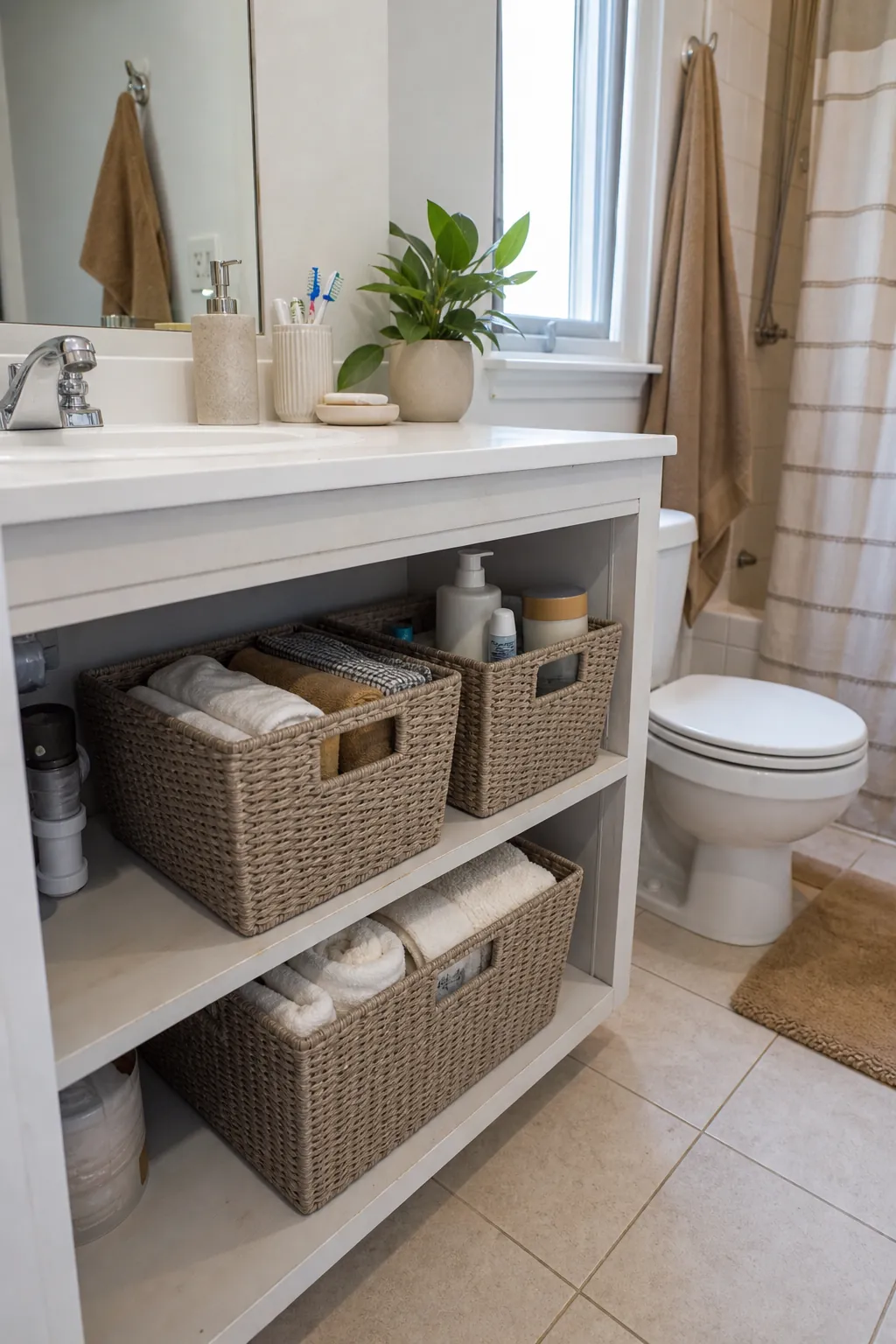 Matching baskets organizing open bathroom shelves