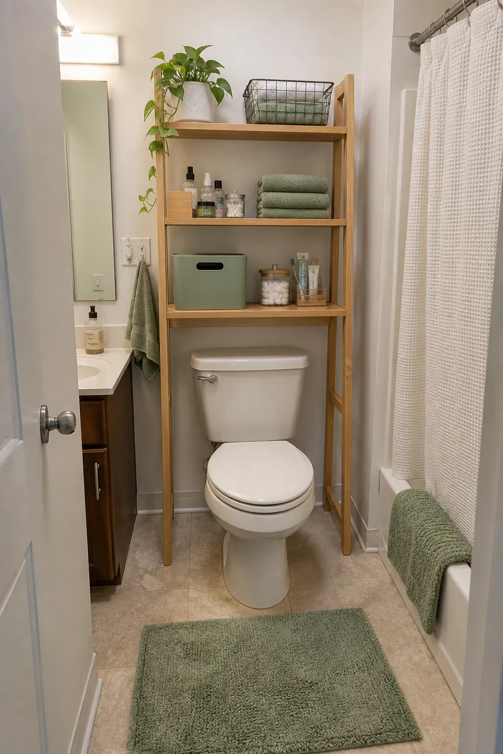 Freestanding ladder shelf over a toilet in a college bathroom