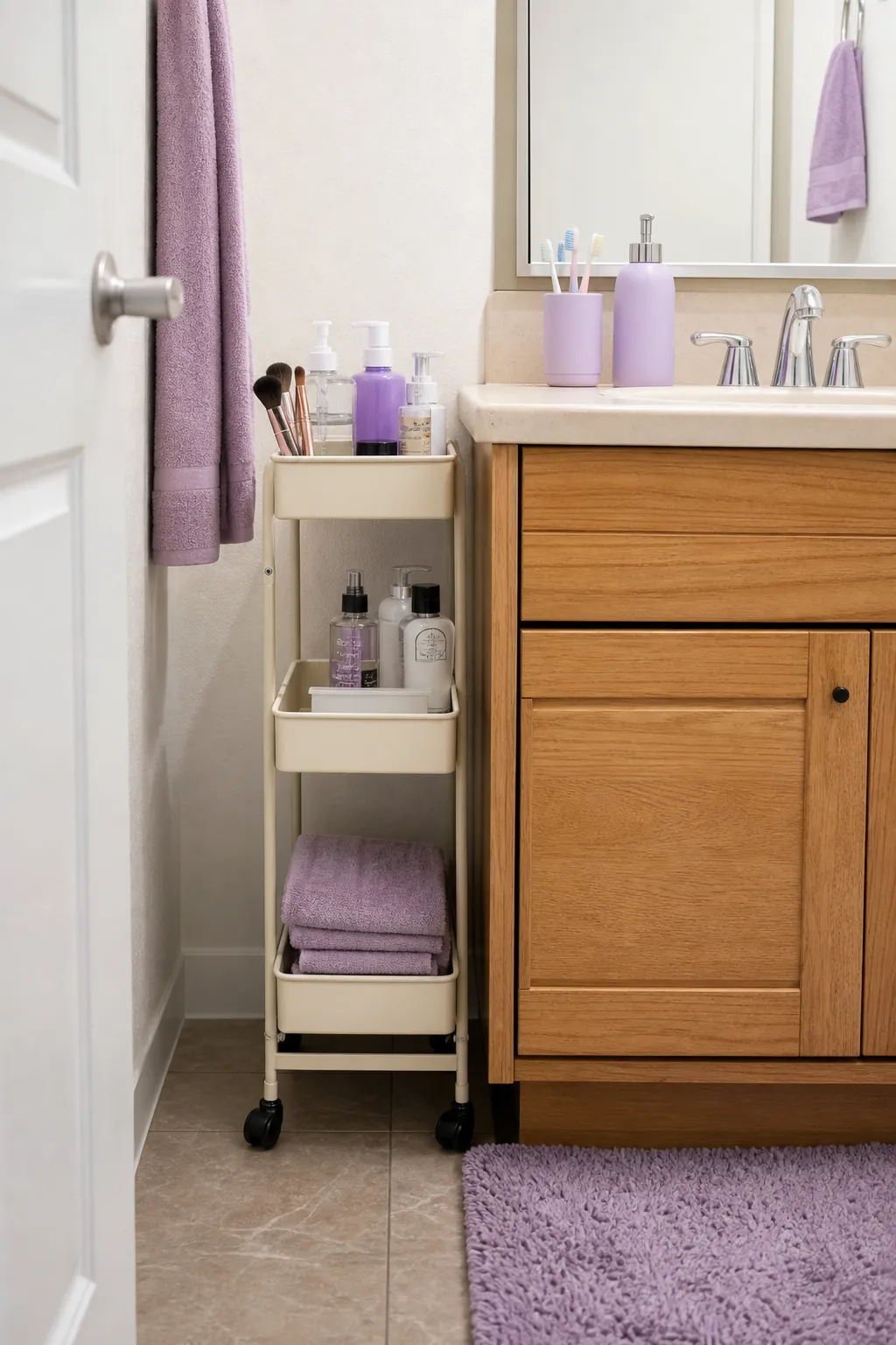 Slim rolling cart organizing a college bathroom