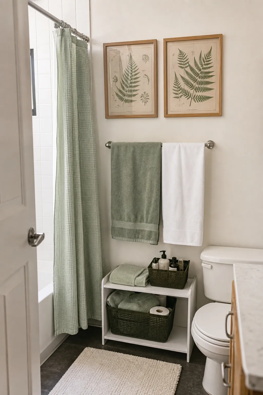 Removable botanical art in a college apartment bathroom