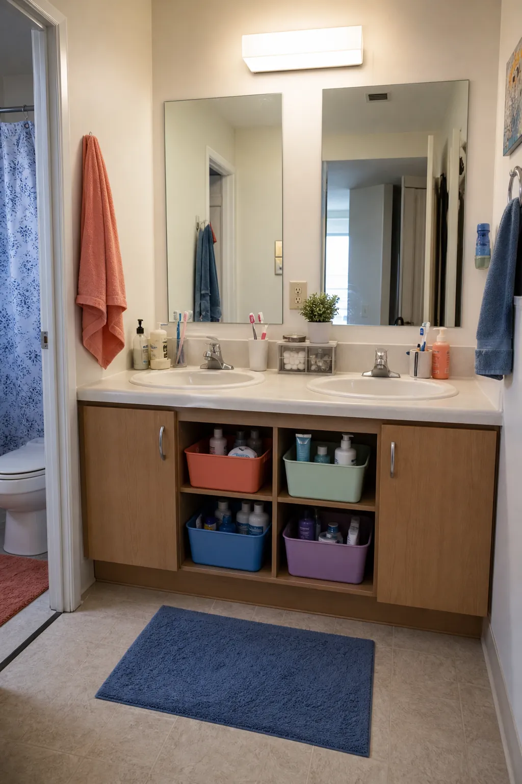 Personal storage bins dividing a shared college bathroom vanity