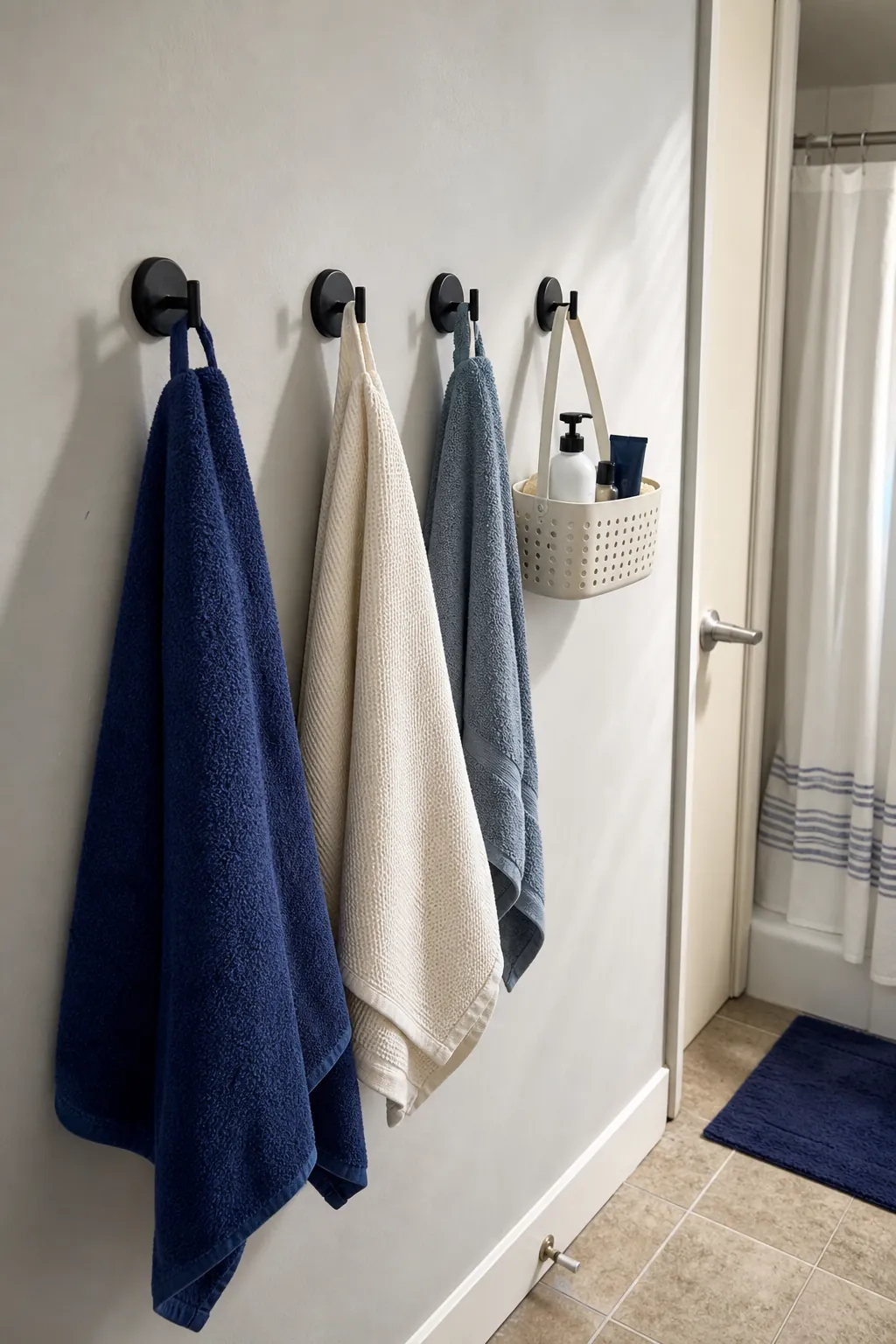 No-drill hooks organizing towels in a rental bathroom