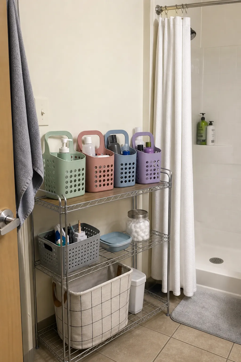 Separate draining shower caddies for college roommates