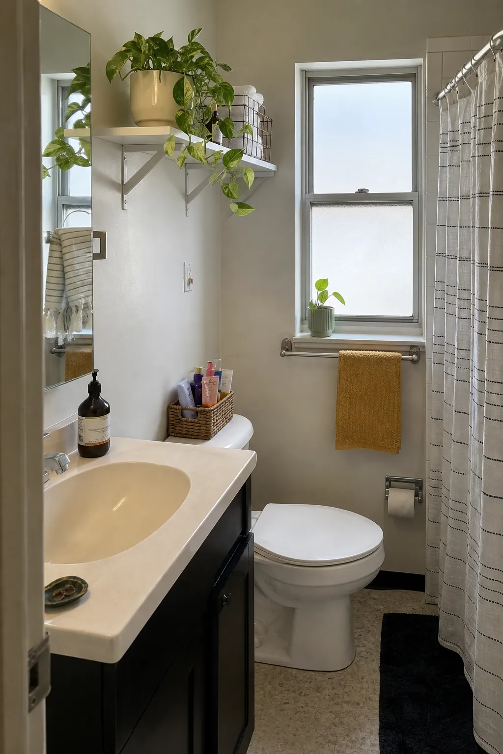 Pothos plant adding greenery to a college bathroom
