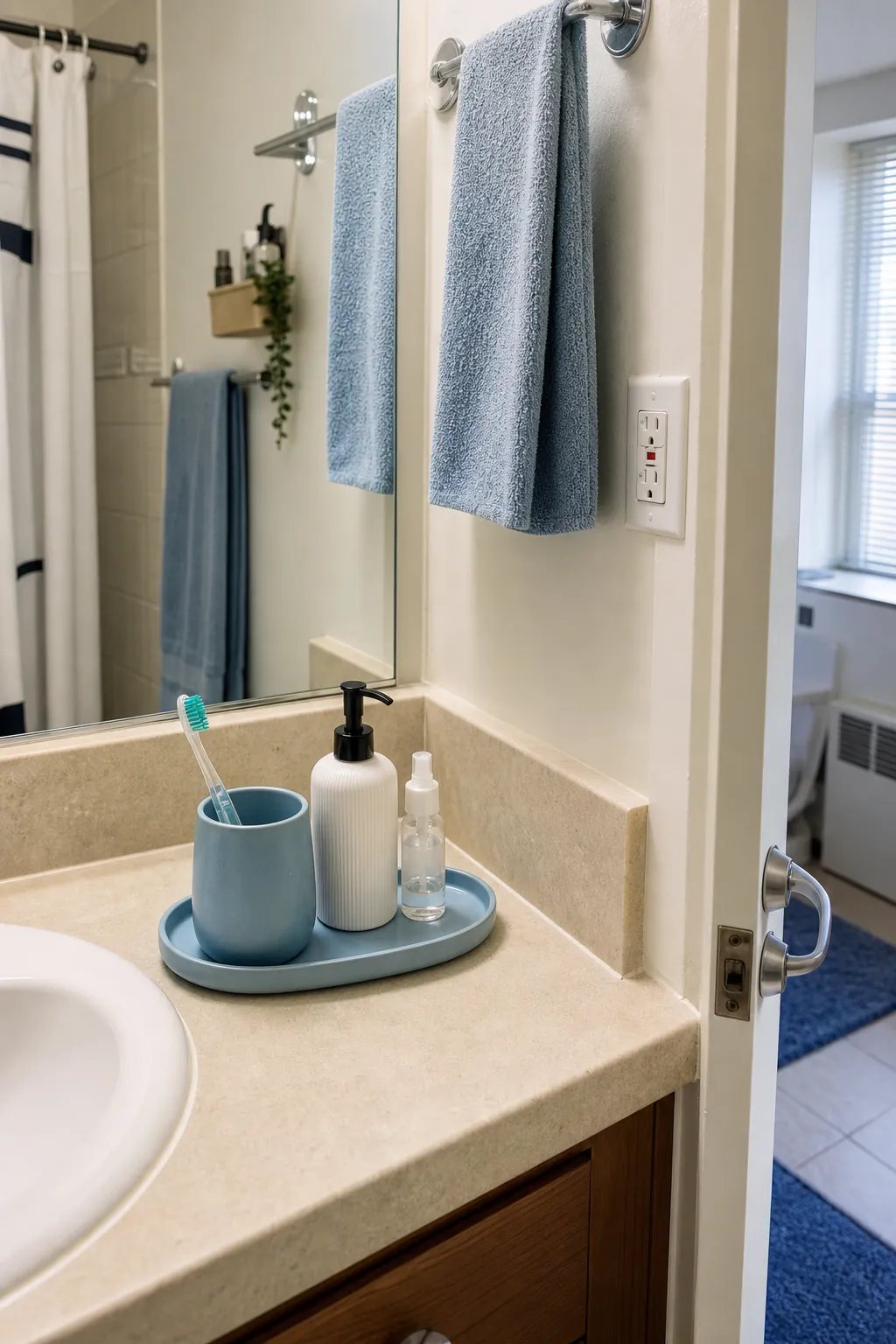 Minimal countertop tray completing a college bathroom decor scheme