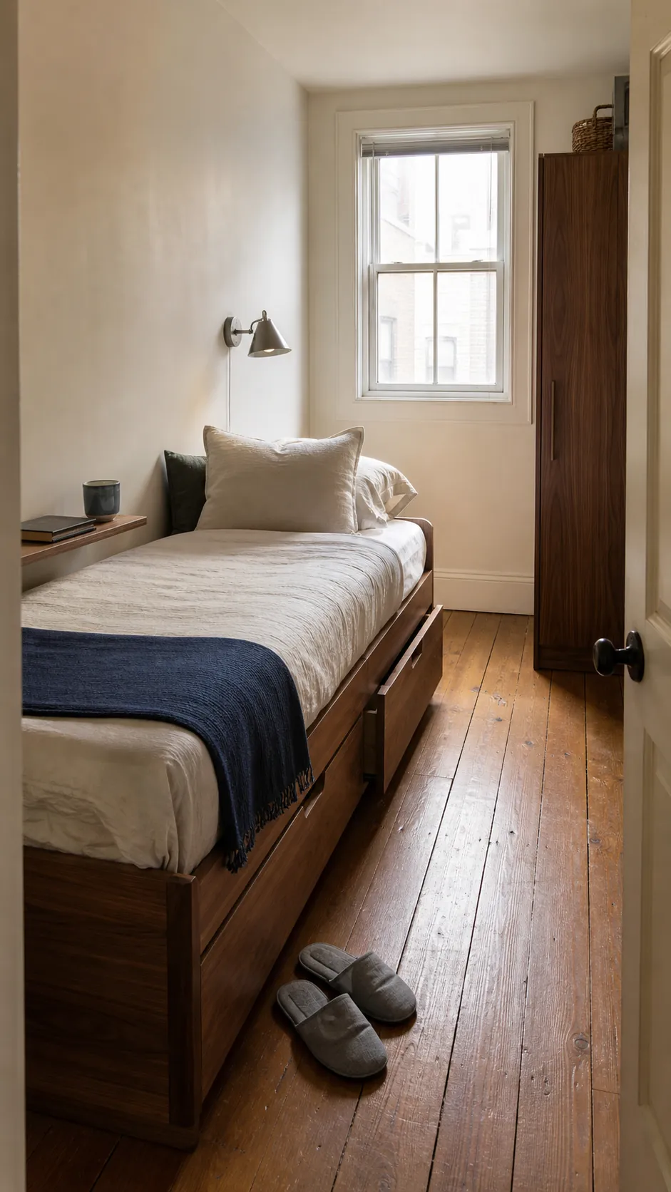 Twin bed ideas arranged in a warm compact bedroom