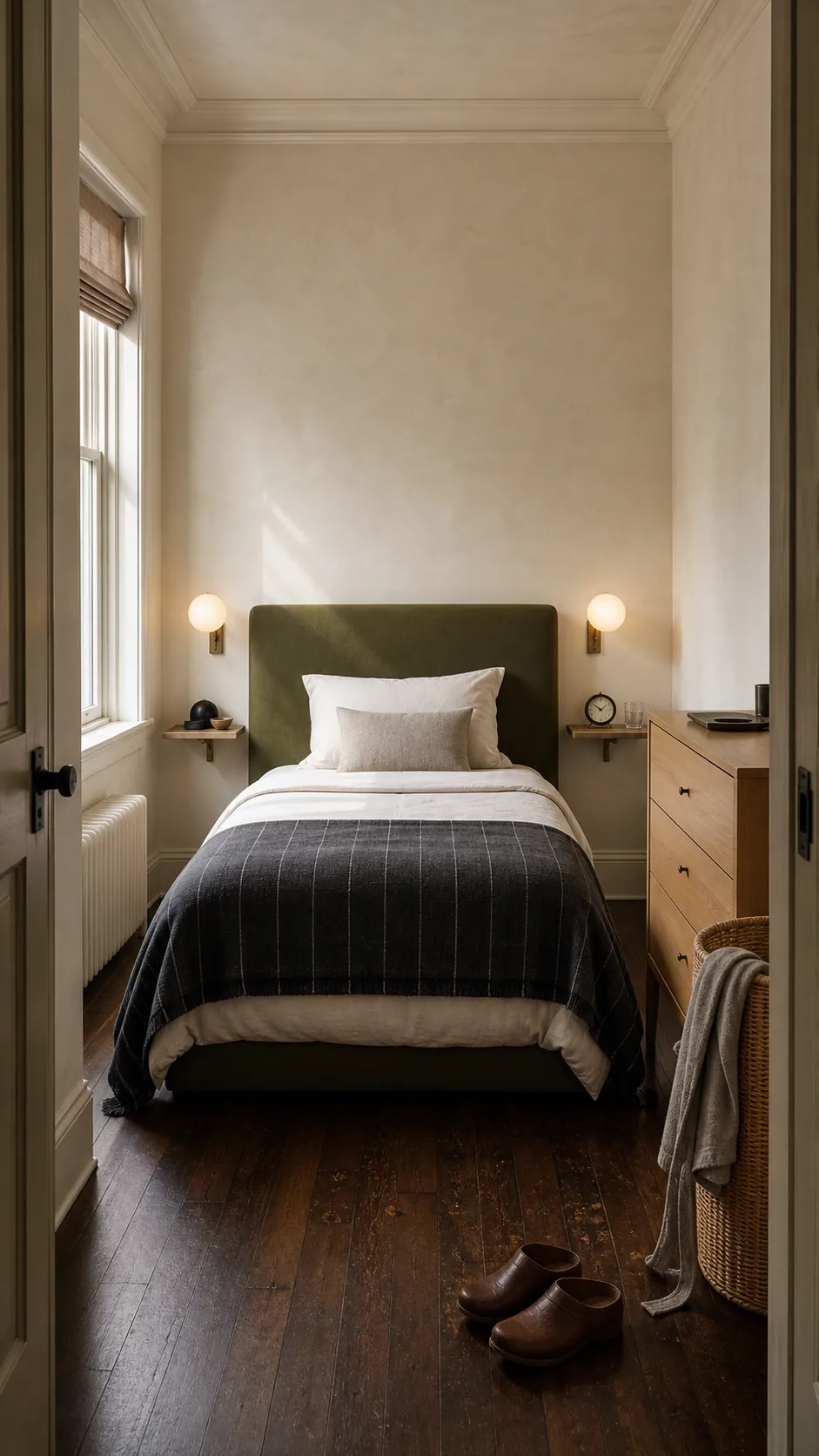Centered twin bed on a short focal wall in a compact room