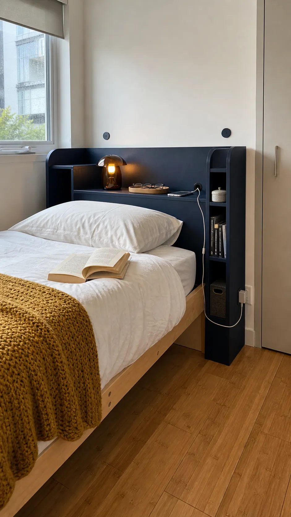 Twin bed headboard with shallow built-in shelves