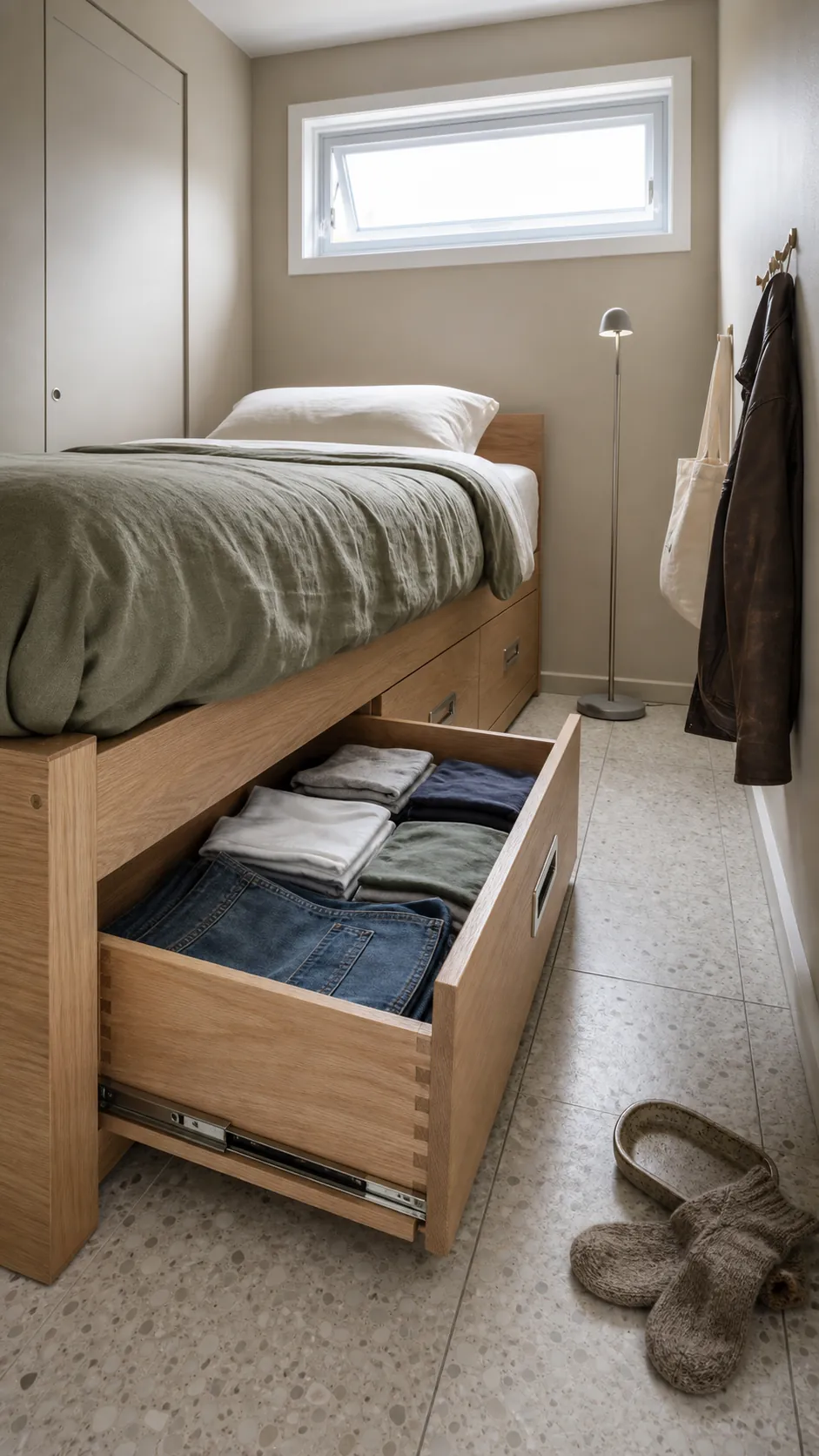 Twin storage bed with deep drawers in a compact bedroom