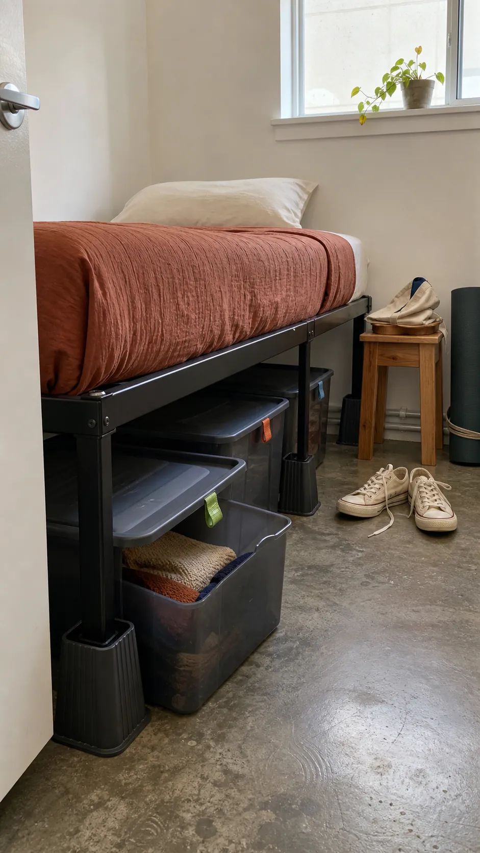 Raised twin bed with organized lidded storage bins beneath