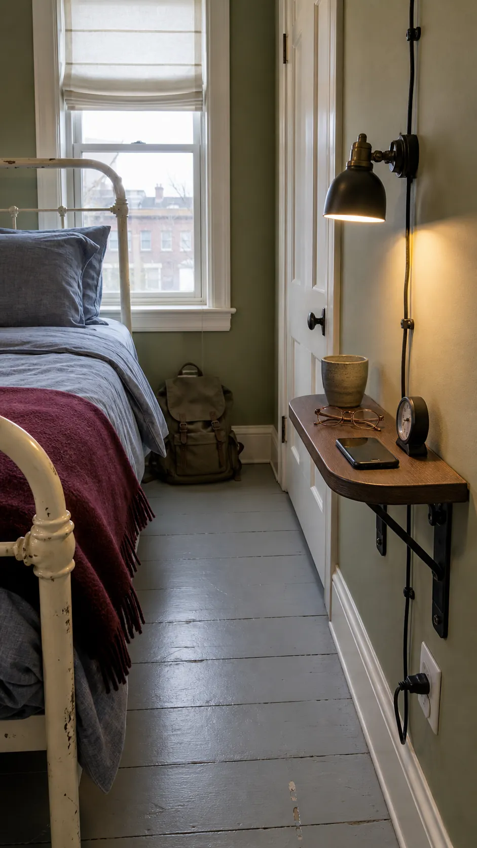 Narrow wall ledge used beside a twin bed