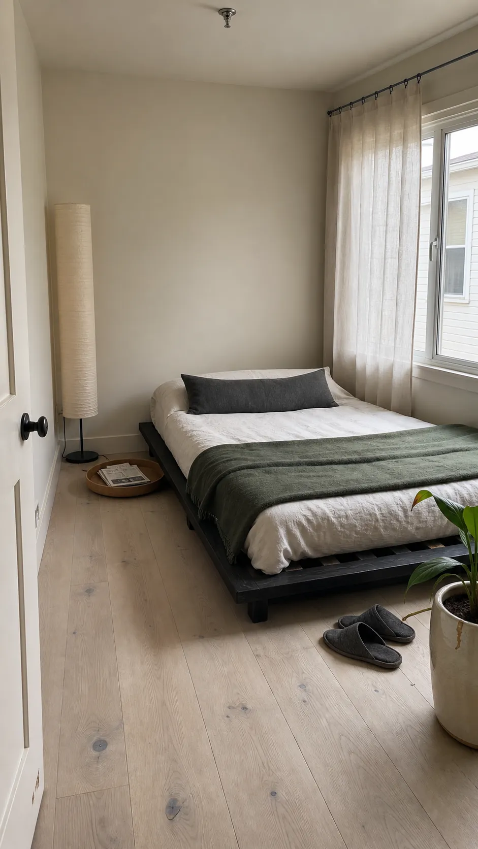 Low platform twin bed opening sightlines in a tiny room