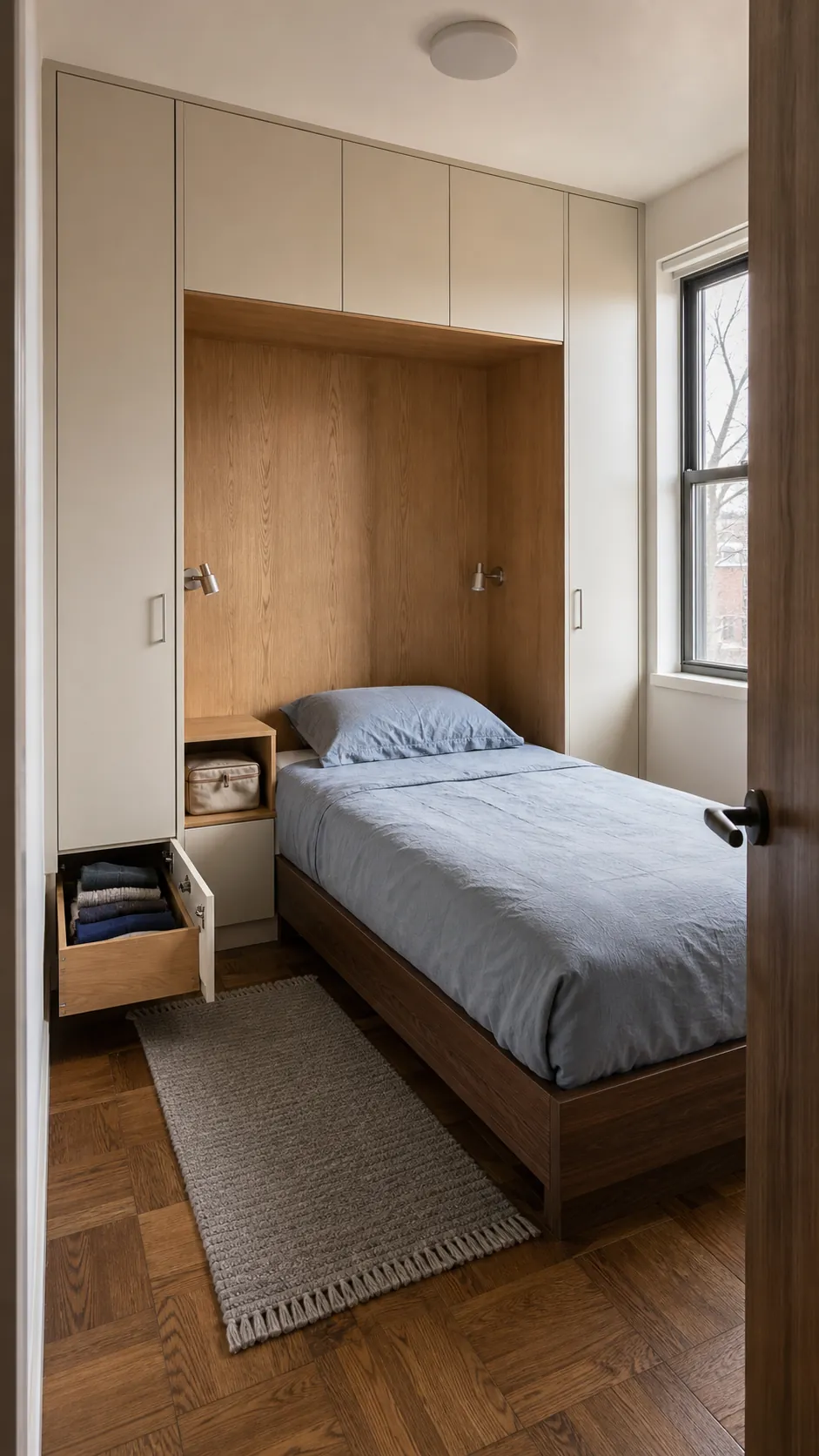 Twin bed fitted between shallow wardrobes in a small bedroom